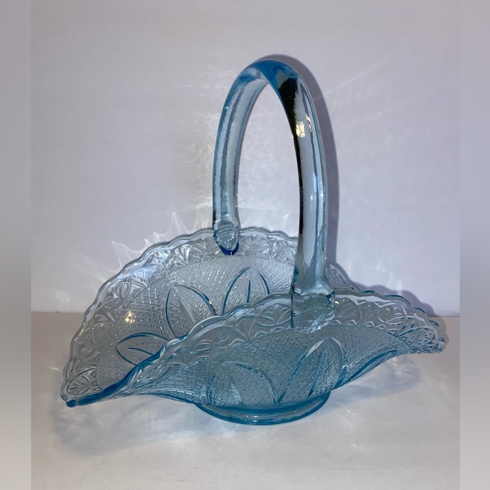LE Smith for Princess House Ice Blue Glass Basket 9” tall